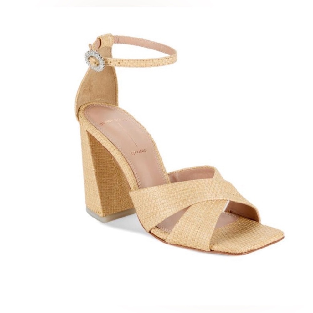 BLACK SUEDE STUDIO
90MM Chelsea Raffia Block Heel Sandals